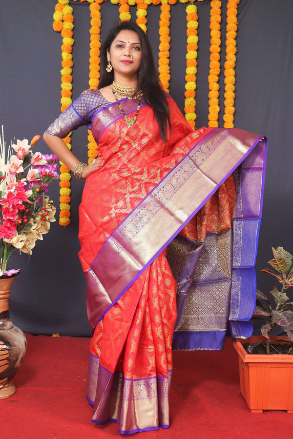 Jyoti Fashion Women's Red Kanchipuram Silk Zari Woven Saree with Blouse - Distacart
