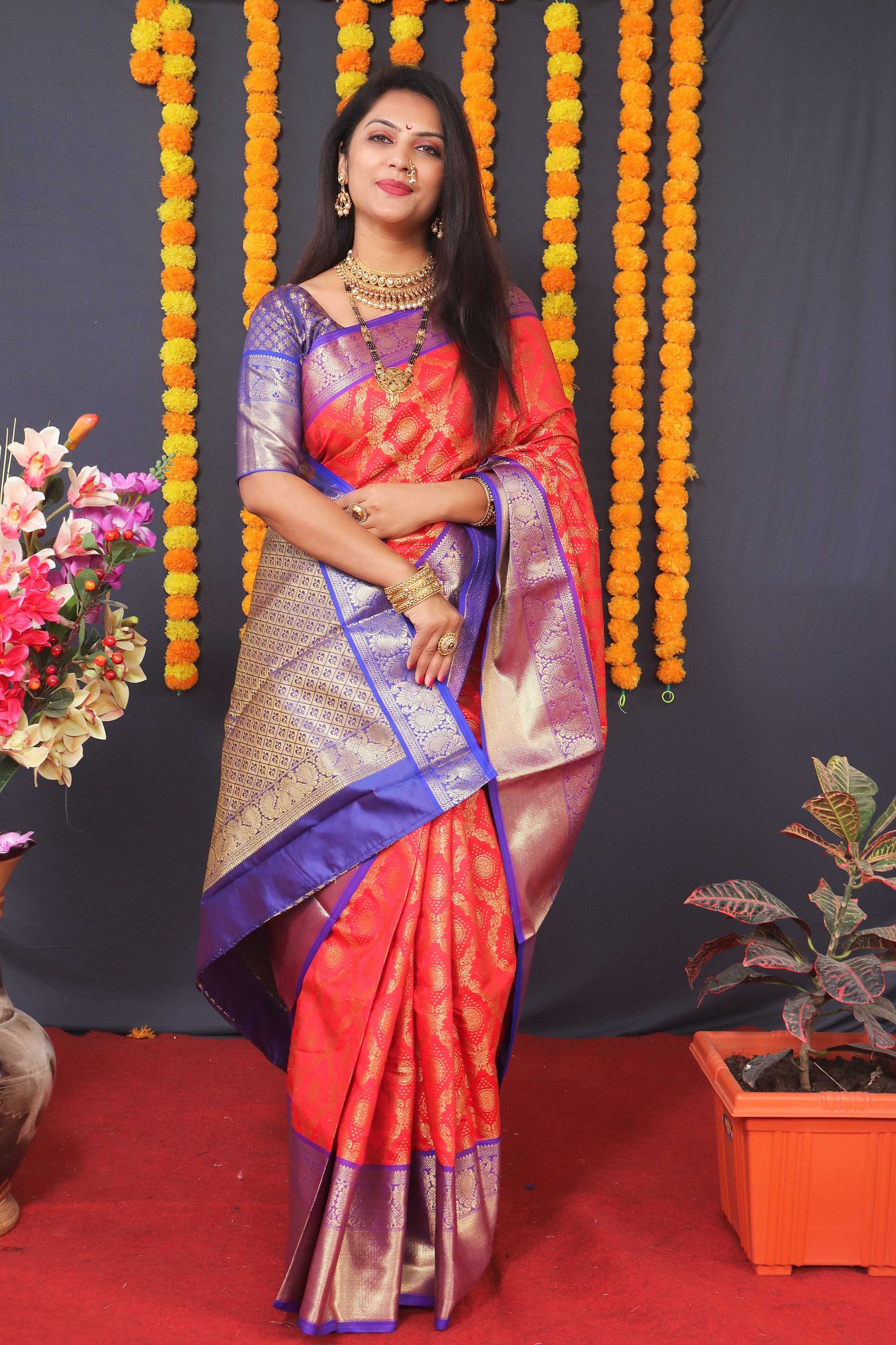 Jyoti Fashion Women's Red Kanchipuram Silk Zari Woven Saree with Blouse - Distacart