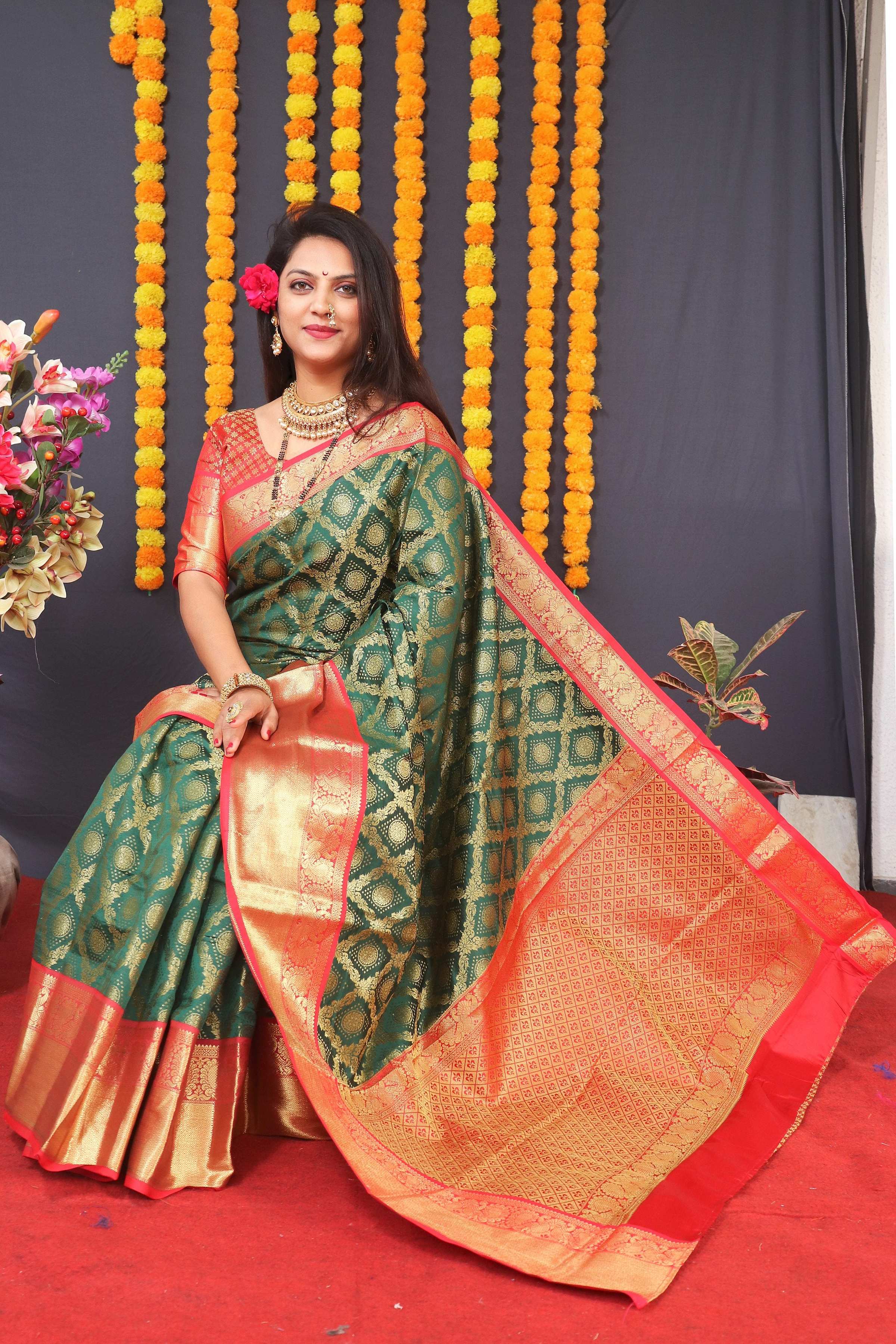 Jyoti Fashion Women's Green Kanchipuram Silk Zari Woven Saree with Blouse - Distacart