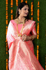 Thumbnail for Jyoti Fashion Women's Peach Handloom Banarasi Silk Zari Woven Saree with Blouse - Distacart