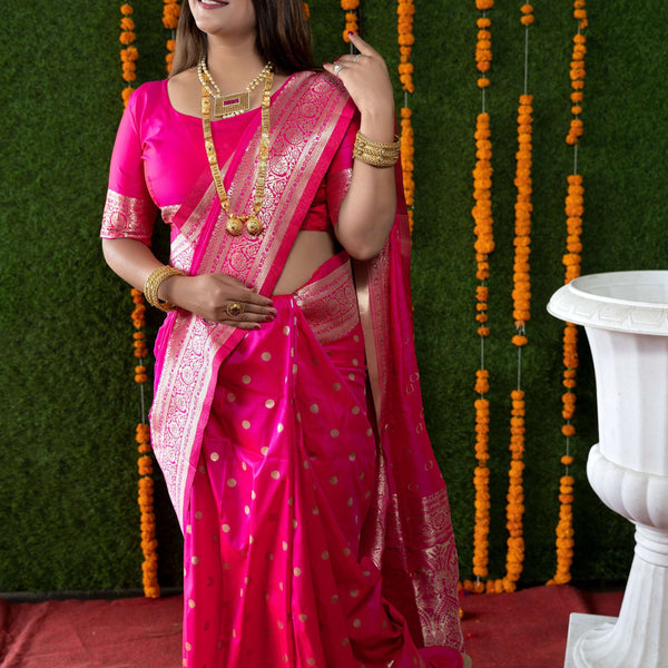 Jyoti Fashion Women's Rani Pink Handloom Banarasi Silk Zari Woven Saree with Blouse - Distacart
