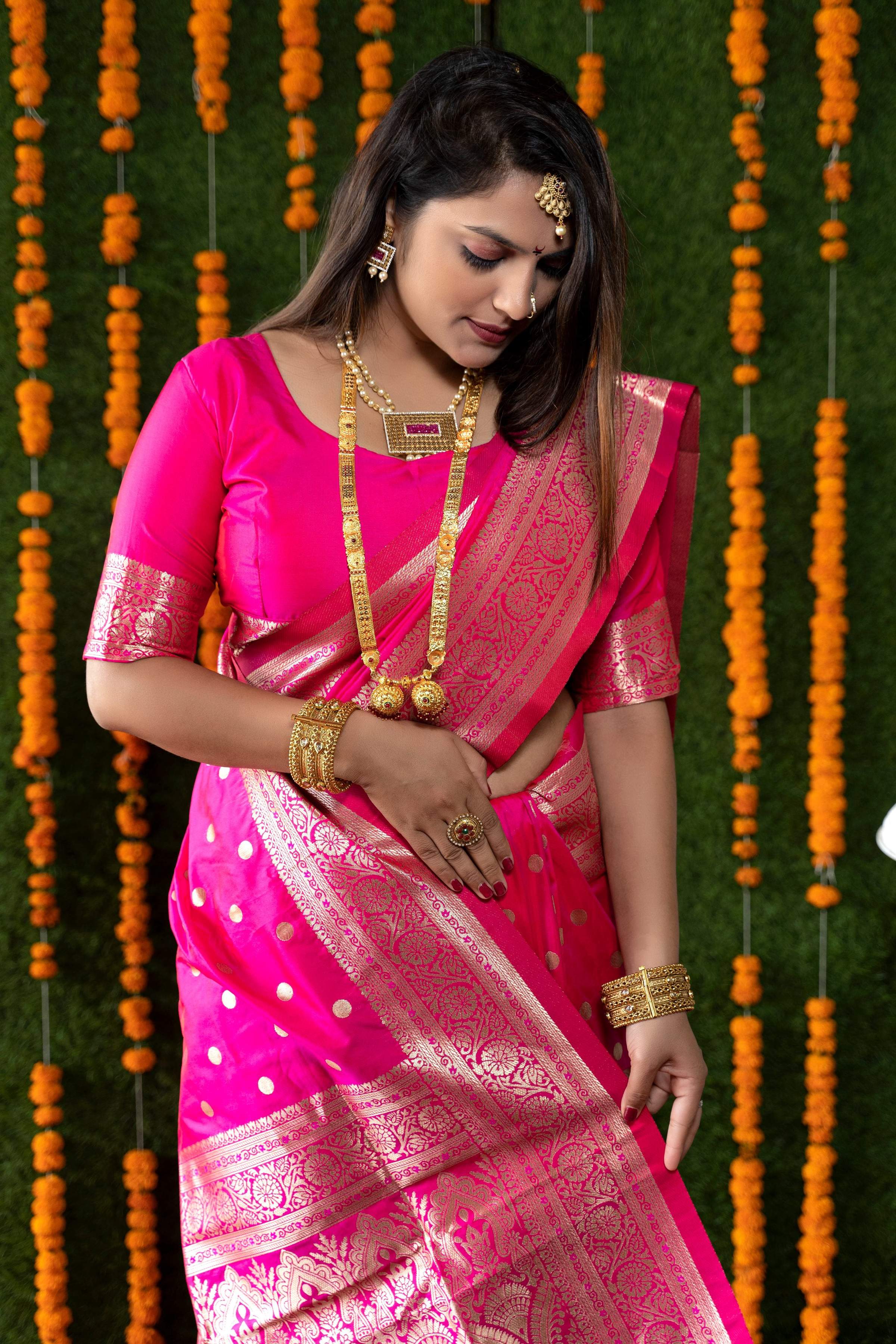 Jyoti Fashion Women's Rani Pink Handloom Banarasi Silk Zari Woven Saree with Blouse - Distacart