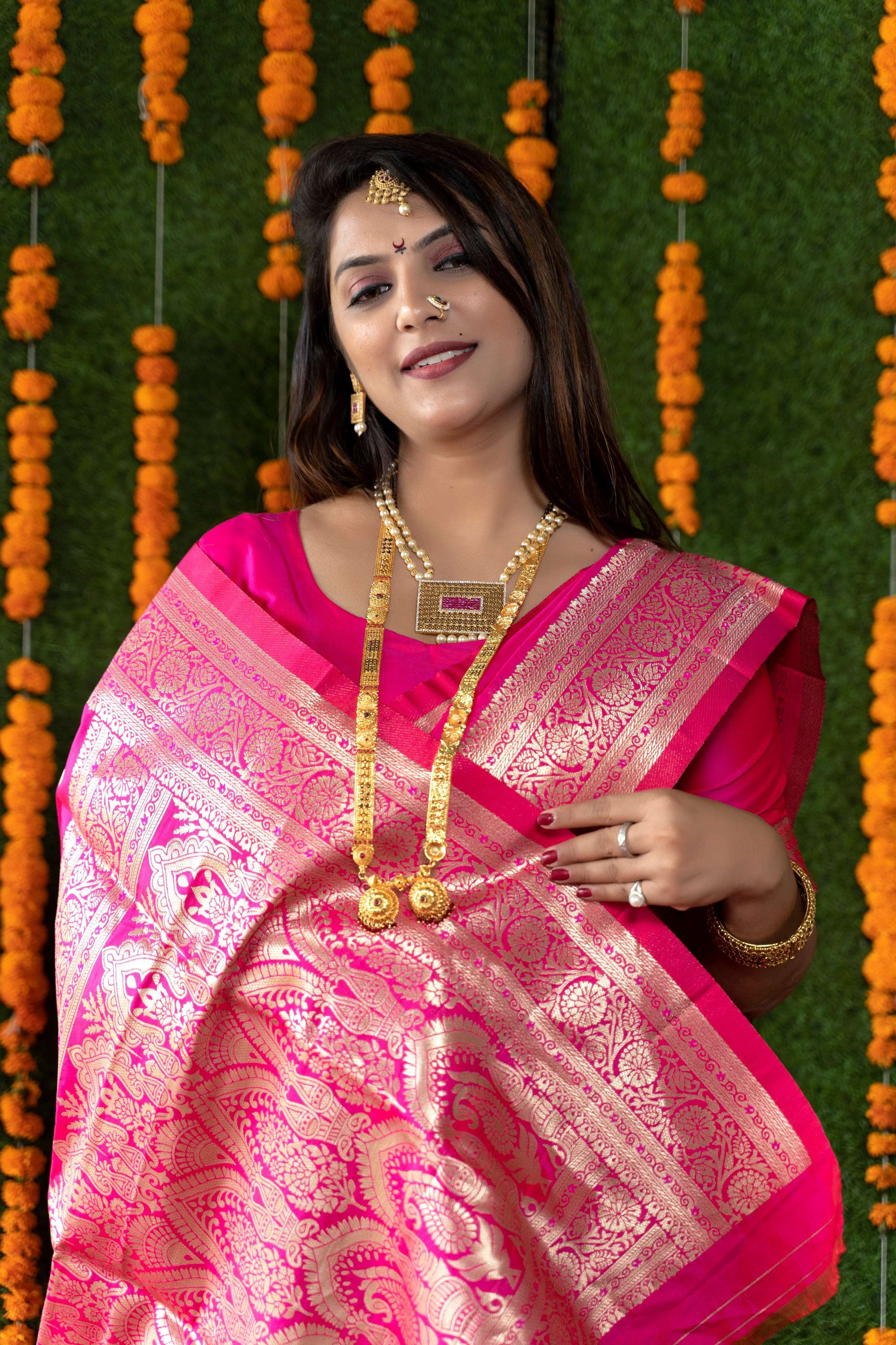 Jyoti Fashion Women's Rani Pink Handloom Banarasi Silk Zari Woven Saree with Blouse - Distacart