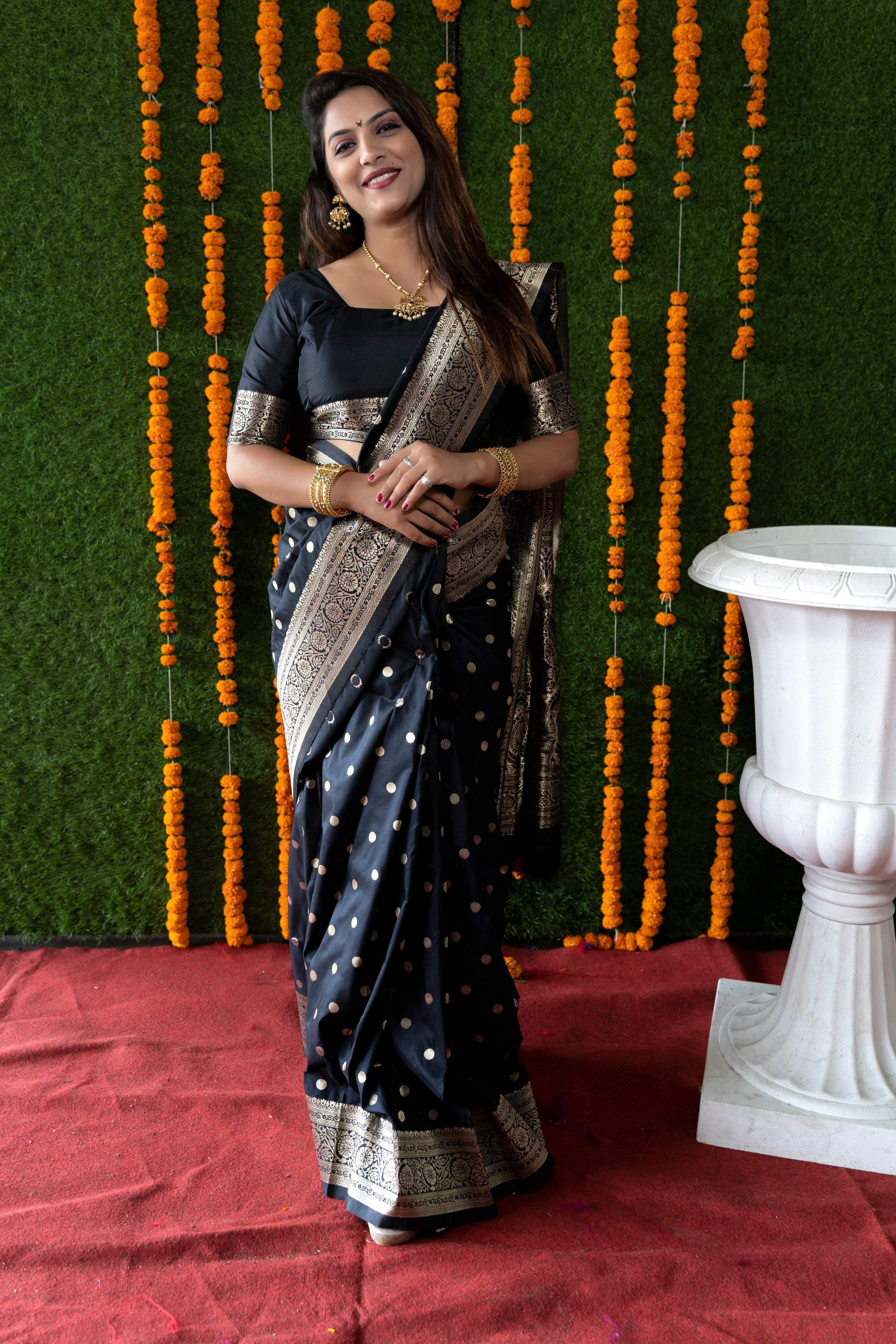 Jyoti Fashion Women's Black Handloom Banarasi Silk Zari Woven Saree with Blouse - Distacart