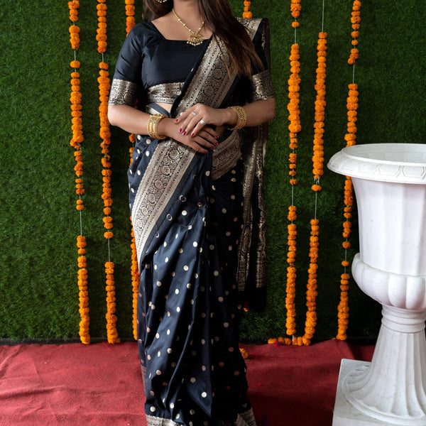 Jyoti Fashion Women's Black Handloom Banarasi Silk Zari Woven Saree with Blouse - Distacart