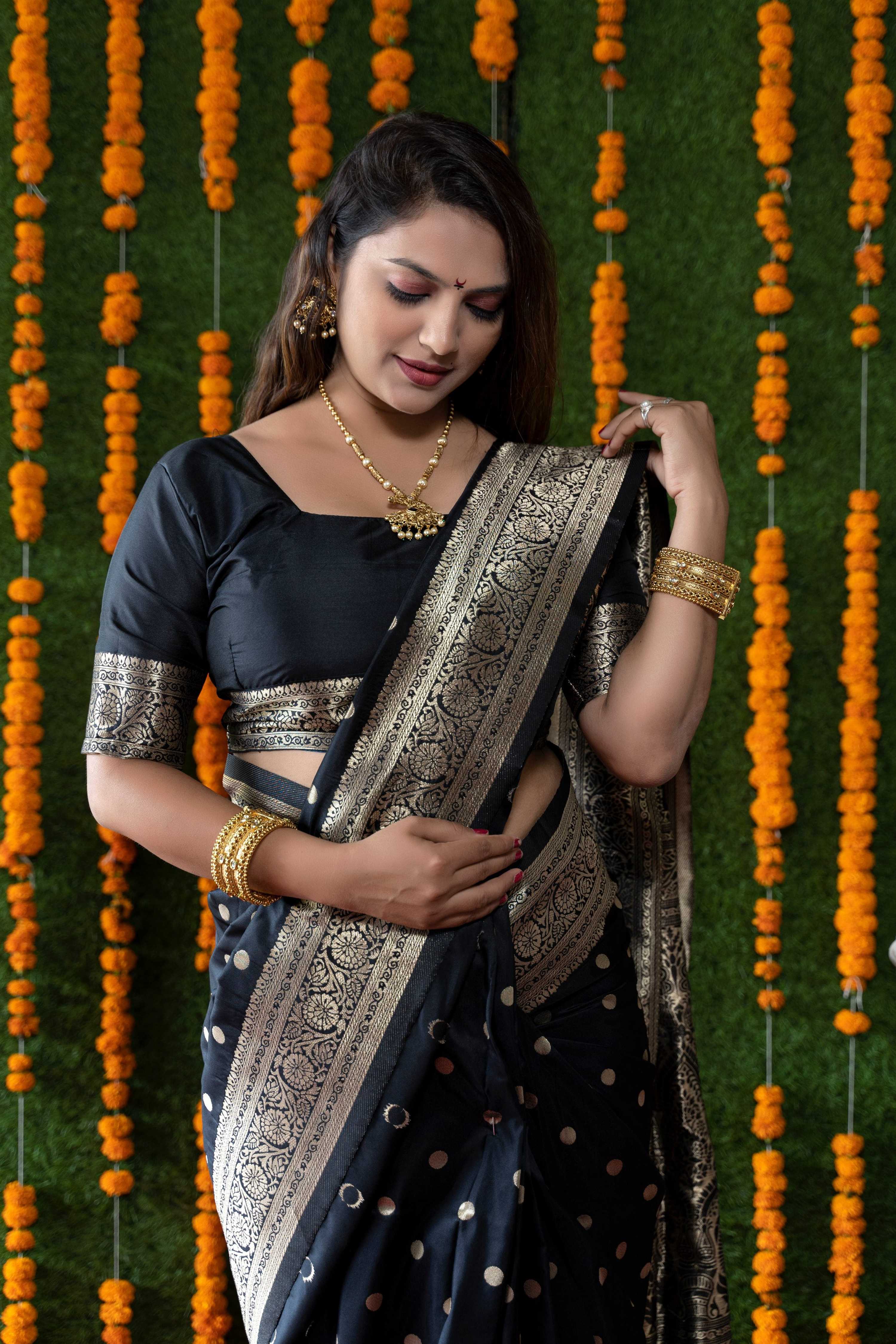 Jyoti Fashion Women's Black Handloom Banarasi Silk Zari Woven Saree with Blouse - Distacart