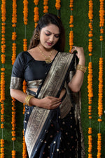 Thumbnail for Jyoti Fashion Women's Black Handloom Banarasi Silk Zari Woven Saree with Blouse - Distacart