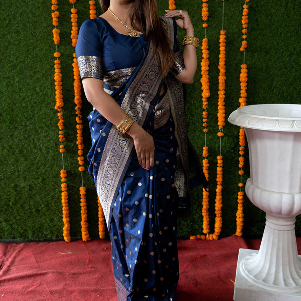 Jyoti Fashion Women's Navy Blue Handloom Banarasi Silk Zari Woven Saree with Blouse - Distacart