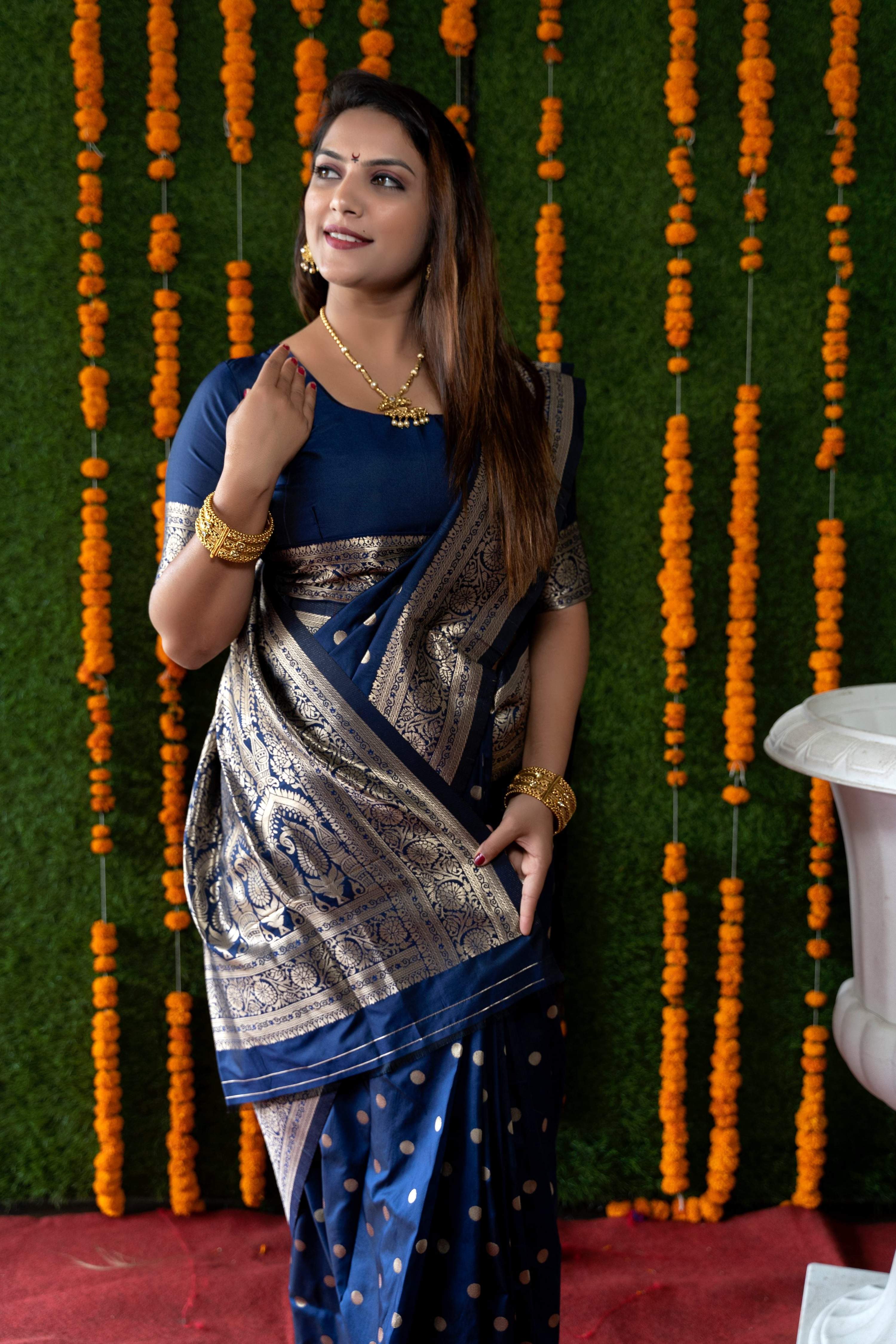 Jyoti Fashion Women's Navy Blue Handloom Banarasi Silk Zari Woven Saree with Blouse - Distacart