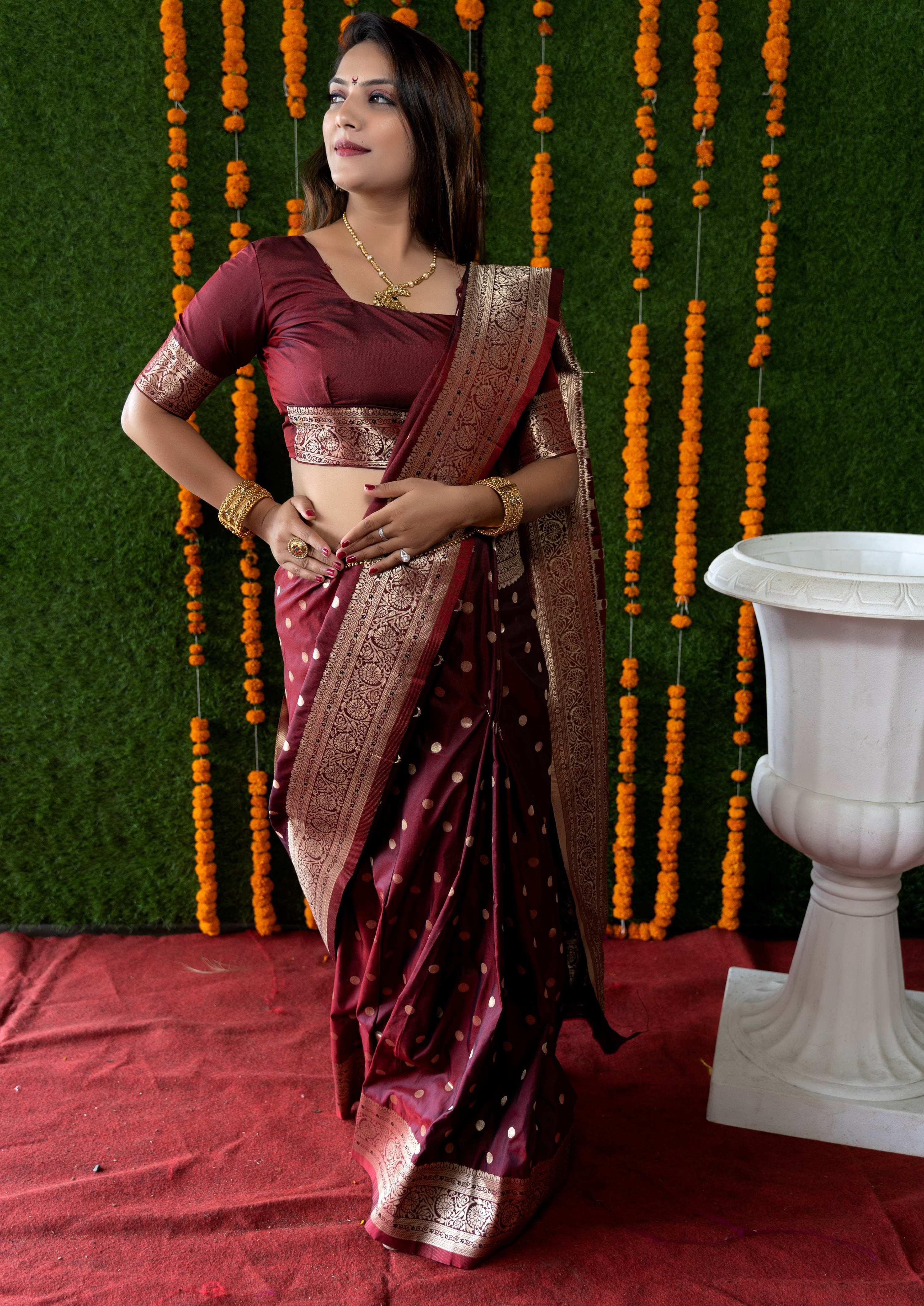 Jyoti Fashion Women's Maroon Handloom Banarasi Silk Zari Woven Saree with Blouse - Distacart