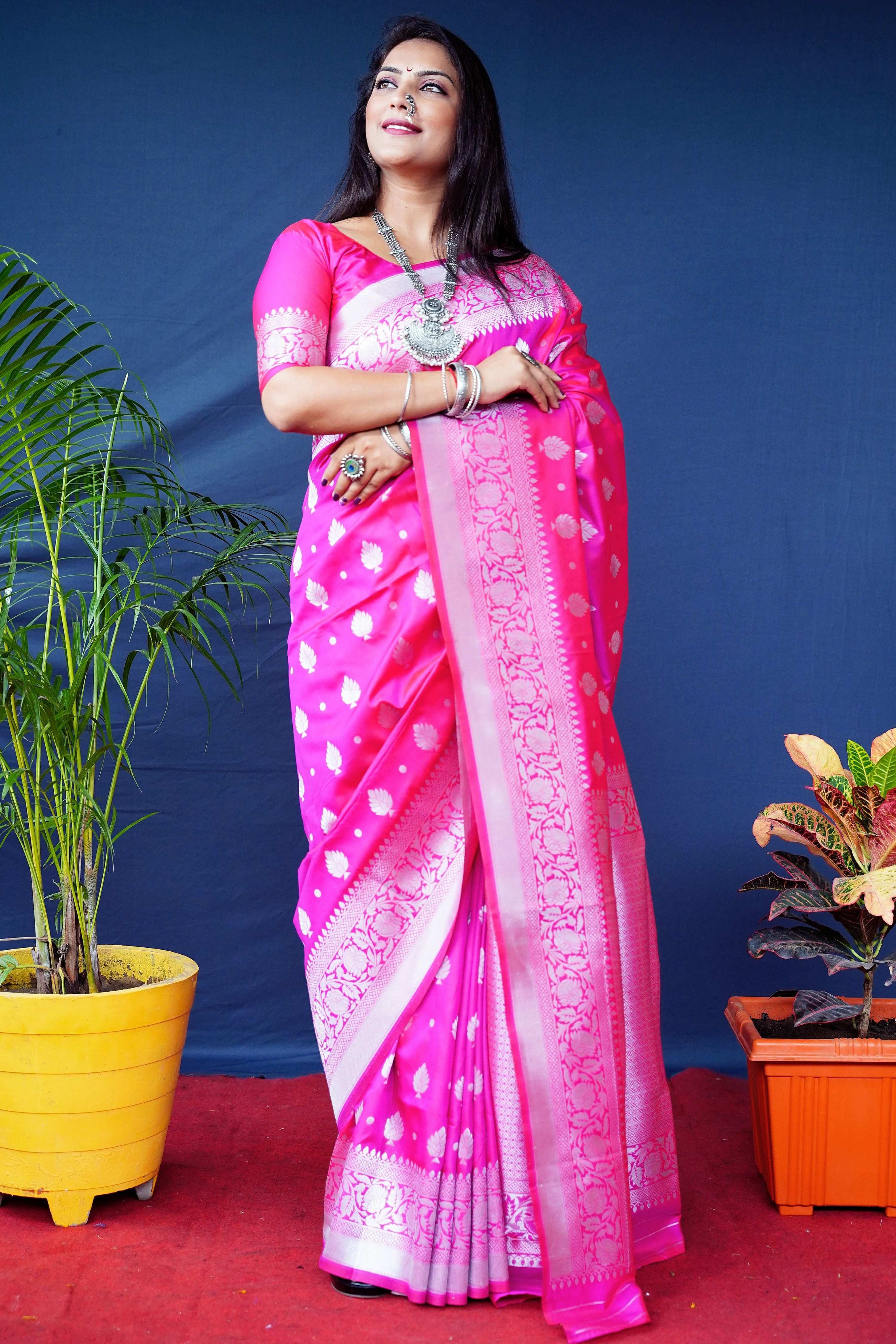 Jyoti Fashion Women's Pink Soft Banarasi Silk Zari Woven Saree with Blouse - Distacart