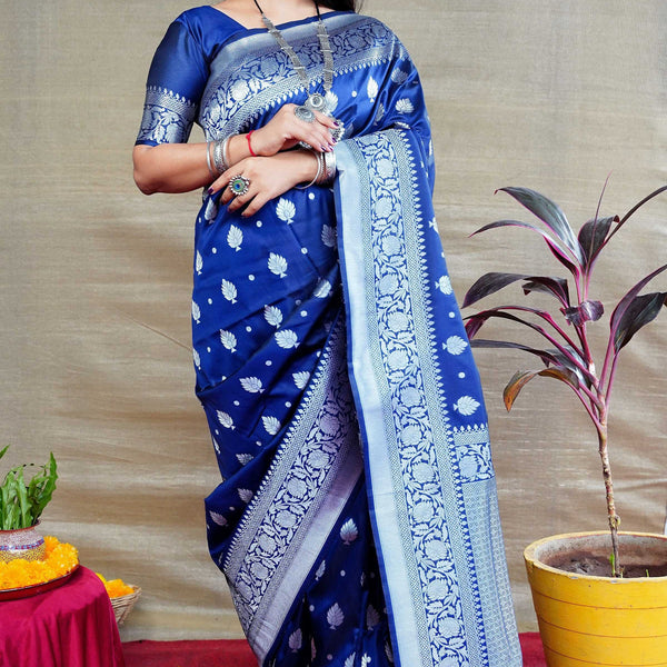 Jyoti Fashion Women's Navy Blue Soft Banarasi Silk Zari Woven Saree with Blouse - Distacart