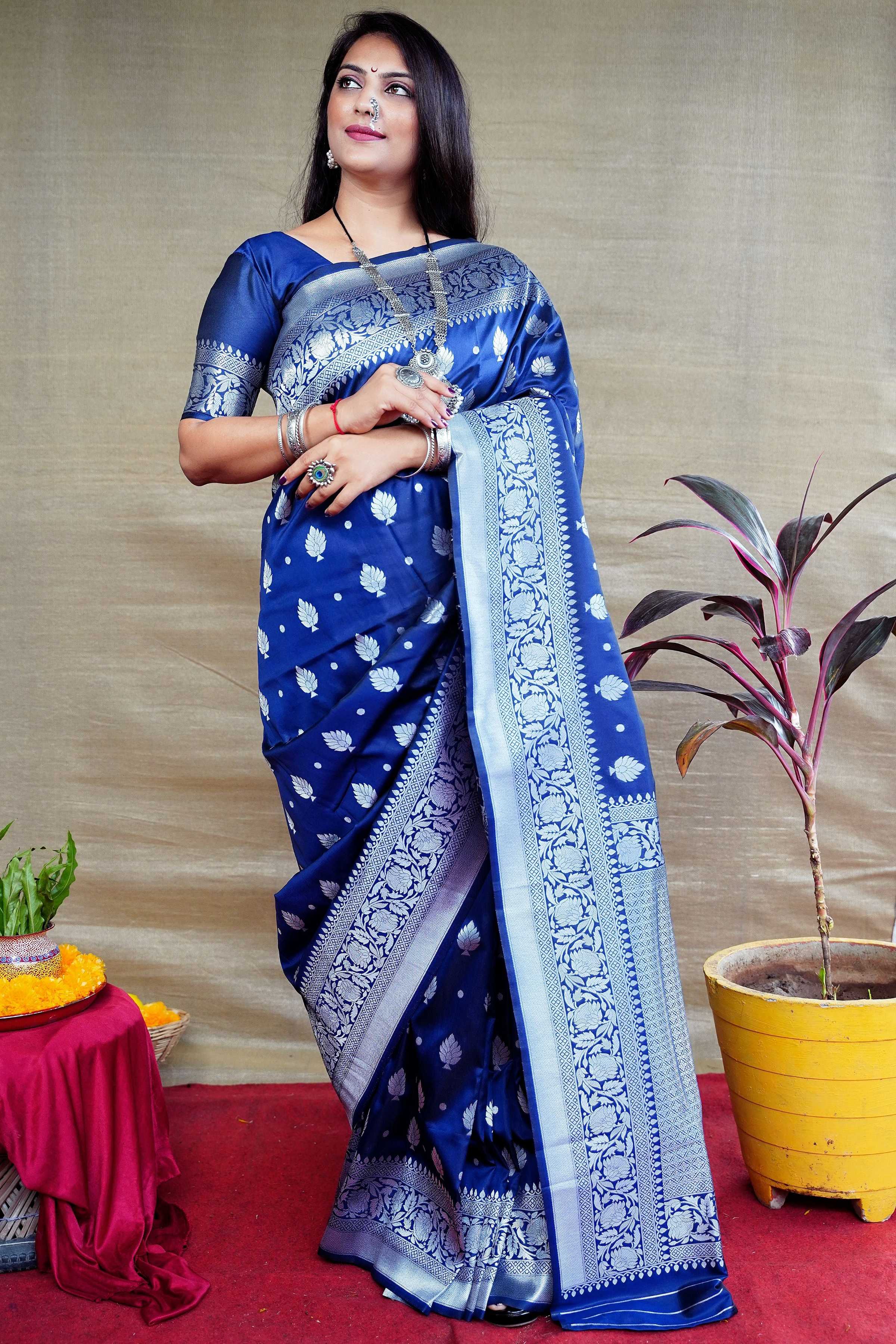 Jyoti Fashion Women's Navy Blue Soft Banarasi Silk Zari Woven Saree with Blouse - Distacart