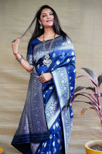 Thumbnail for Jyoti Fashion Women's Navy Blue Soft Banarasi Silk Zari Woven Saree with Blouse - Distacart