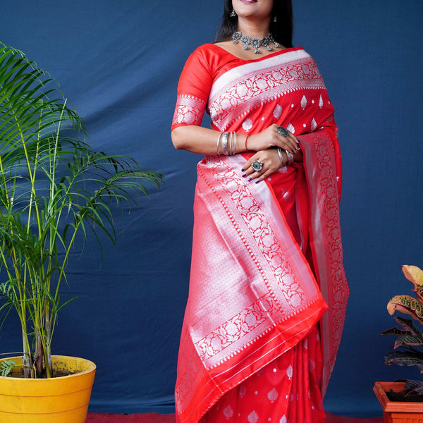 Jyoti Fashion Women's Red Soft Banarasi Silk Zari Woven Saree with Blouse - Distacart