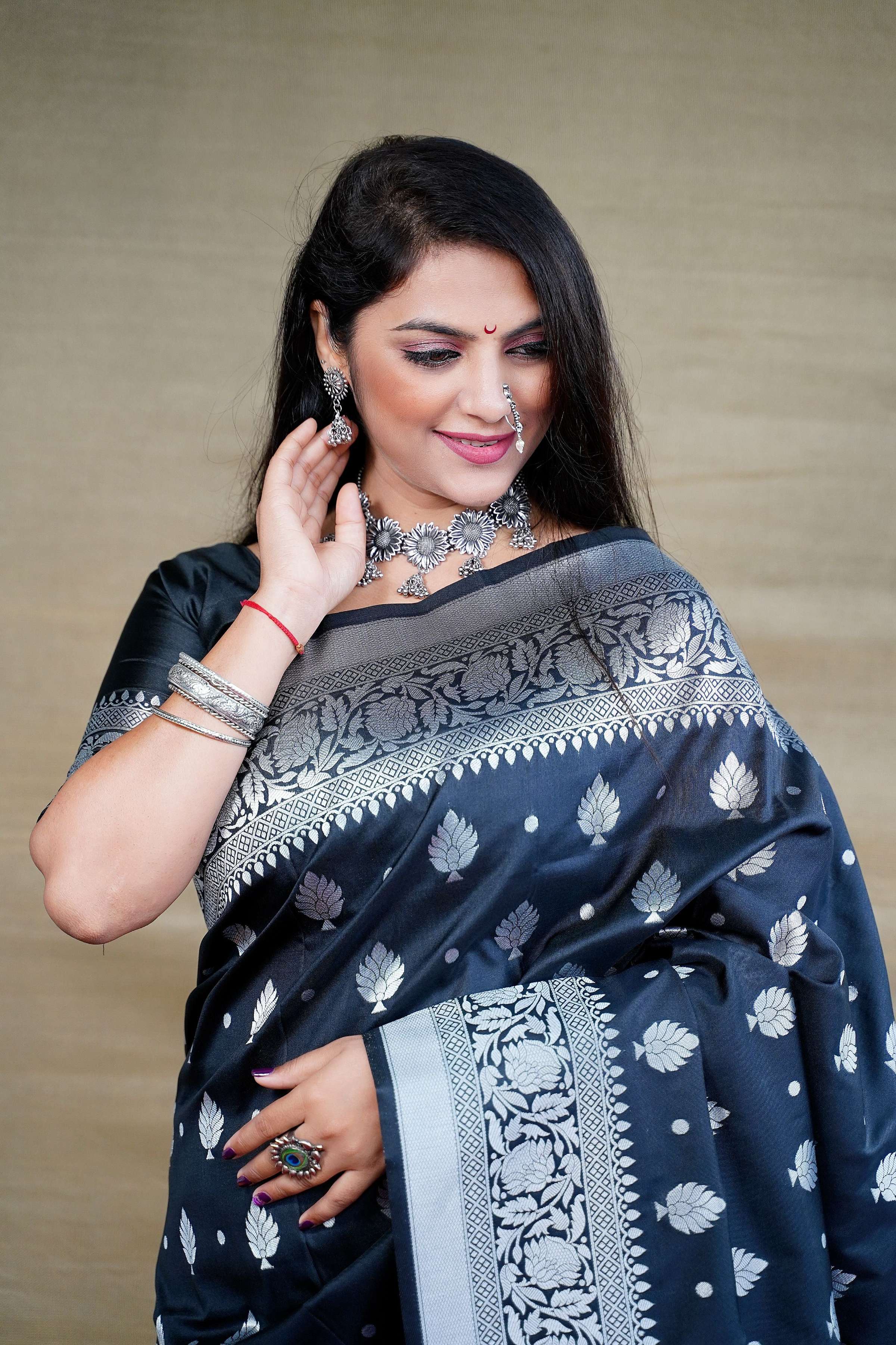 Jyoti Fashion Women's Black Soft Banarasi Silk Zari Woven Saree with Blouse - Distacart