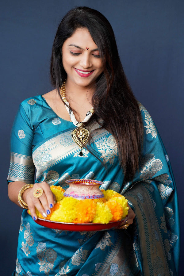 Jyoti Fashion Women's Teal Handloom Banarasi Silk Zari Woven Saree with Blouse - Distacart