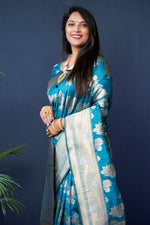 Thumbnail for Jyoti Fashion Women's Teal Handloom Banarasi Silk Zari Woven Saree with Blouse - Distacart