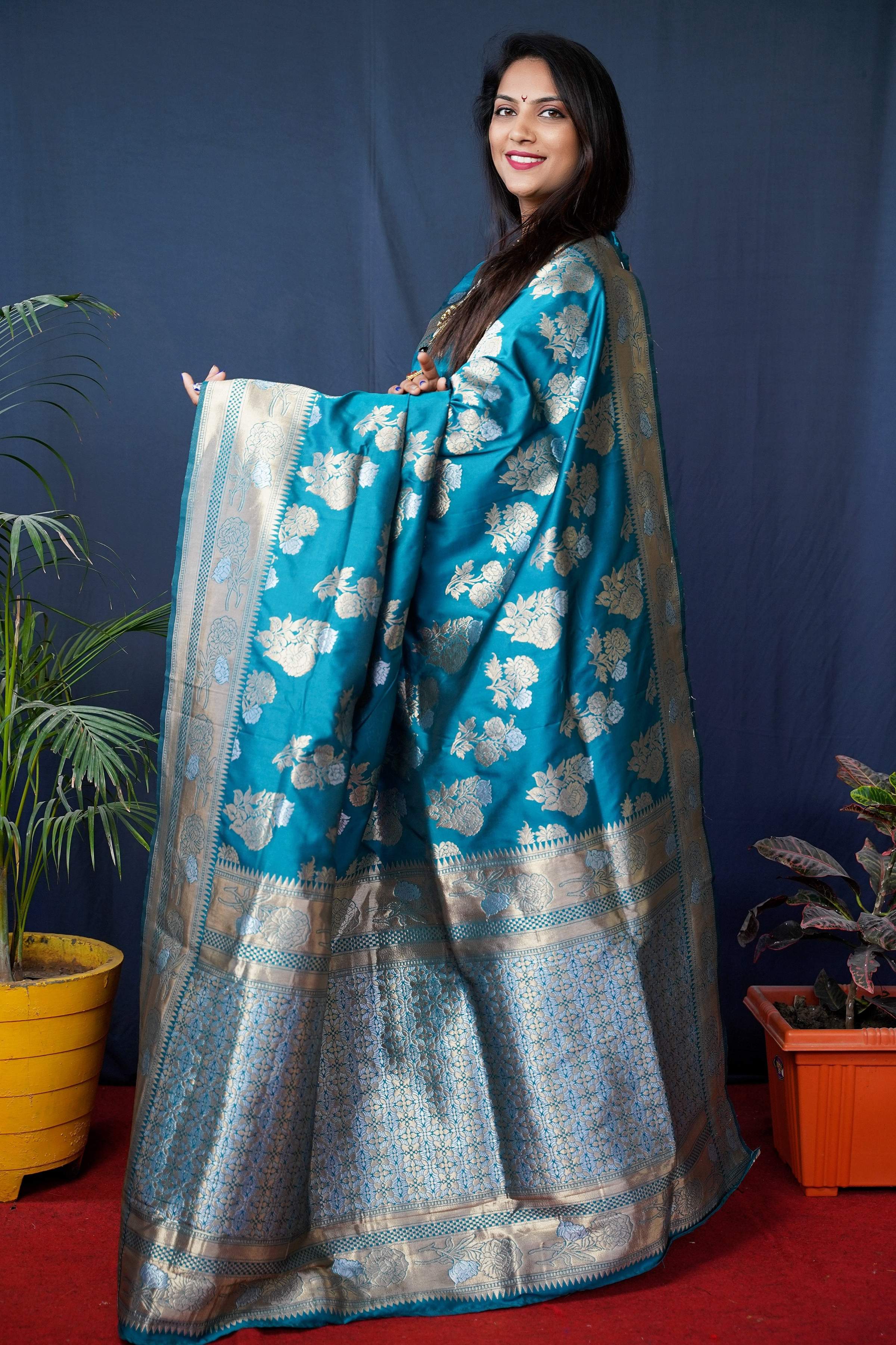 Jyoti Fashion Women's Teal Handloom Banarasi Silk Zari Woven Saree with Blouse - Distacart