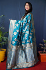 Thumbnail for Jyoti Fashion Women's Teal Handloom Banarasi Silk Zari Woven Saree with Blouse - Distacart