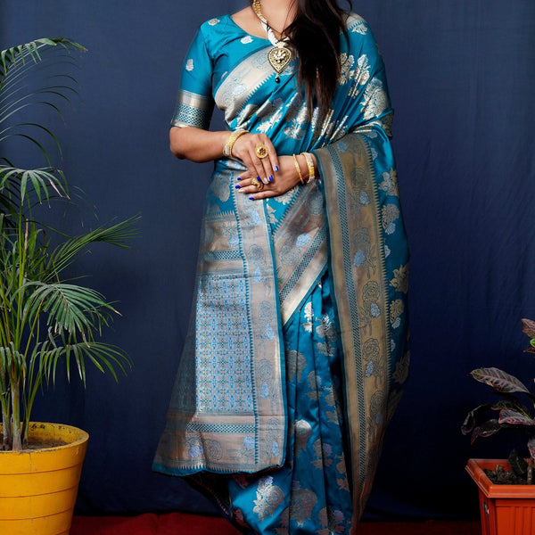 Jyoti Fashion Women's Teal Handloom Banarasi Silk Zari Woven Saree with Blouse - Distacart