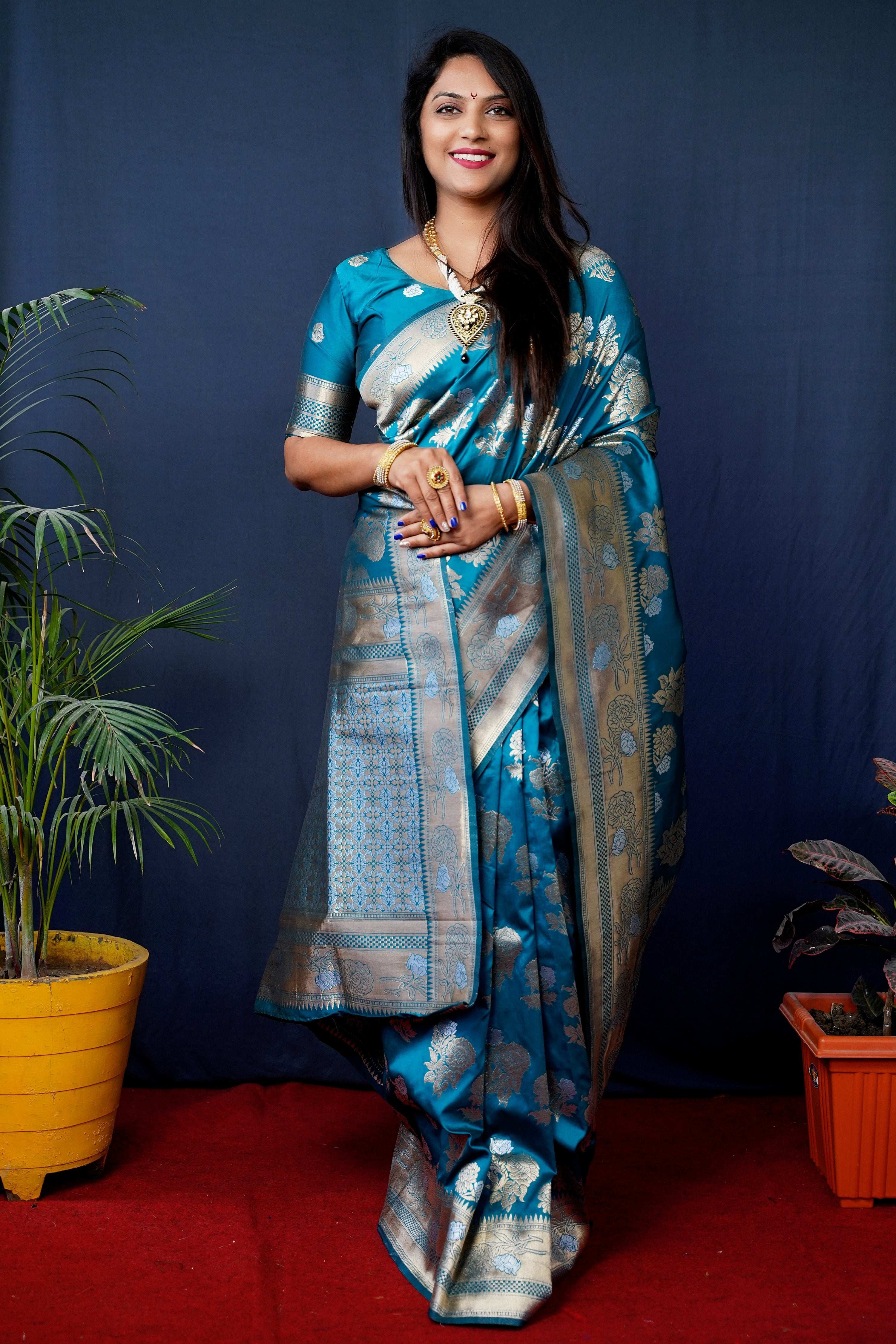 Jyoti Fashion Women's Teal Handloom Banarasi Silk Zari Woven Saree with Blouse - Distacart