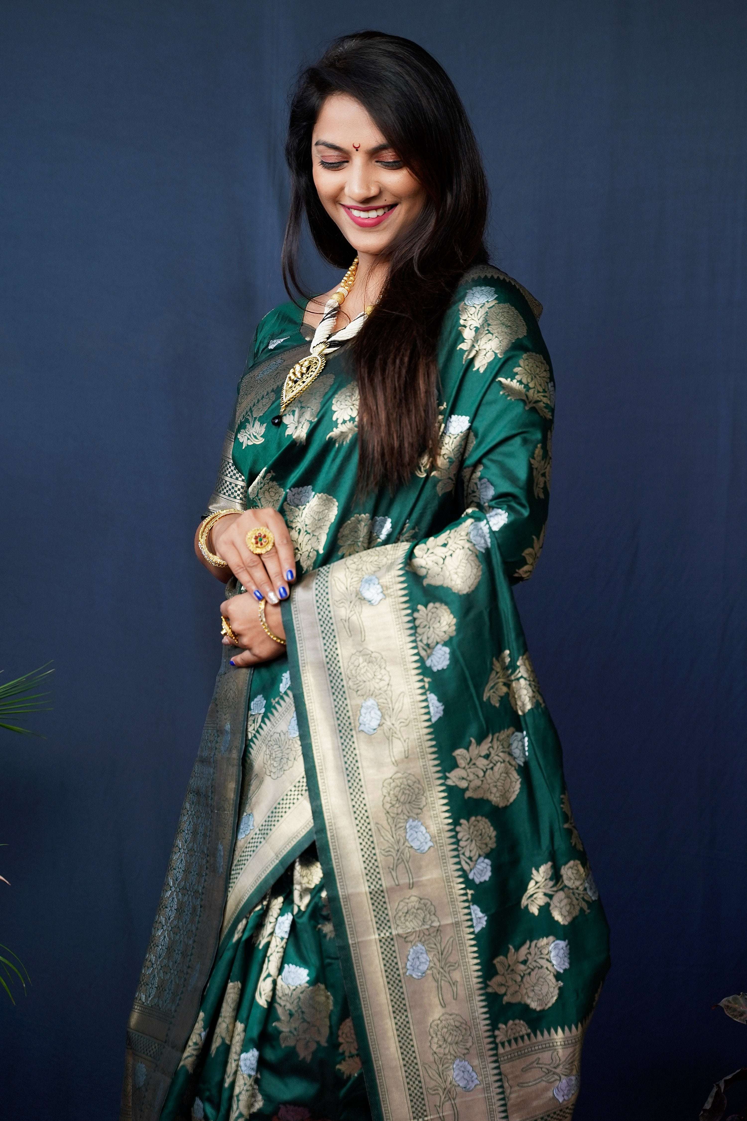 Jyoti Fashion Women's Bottle Green Handloom Banarasi Silk Zari Woven Saree with Blouse - Distacart