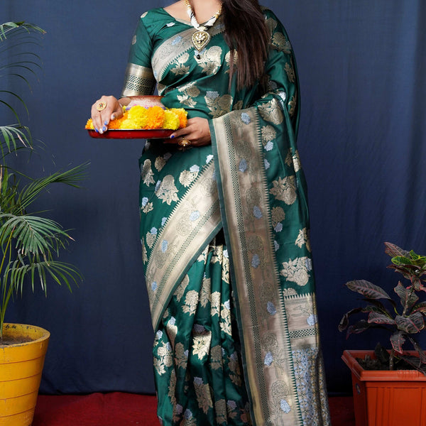 Jyoti Fashion Women's Bottle Green Handloom Banarasi Silk Zari Woven Saree with Blouse - Distacart