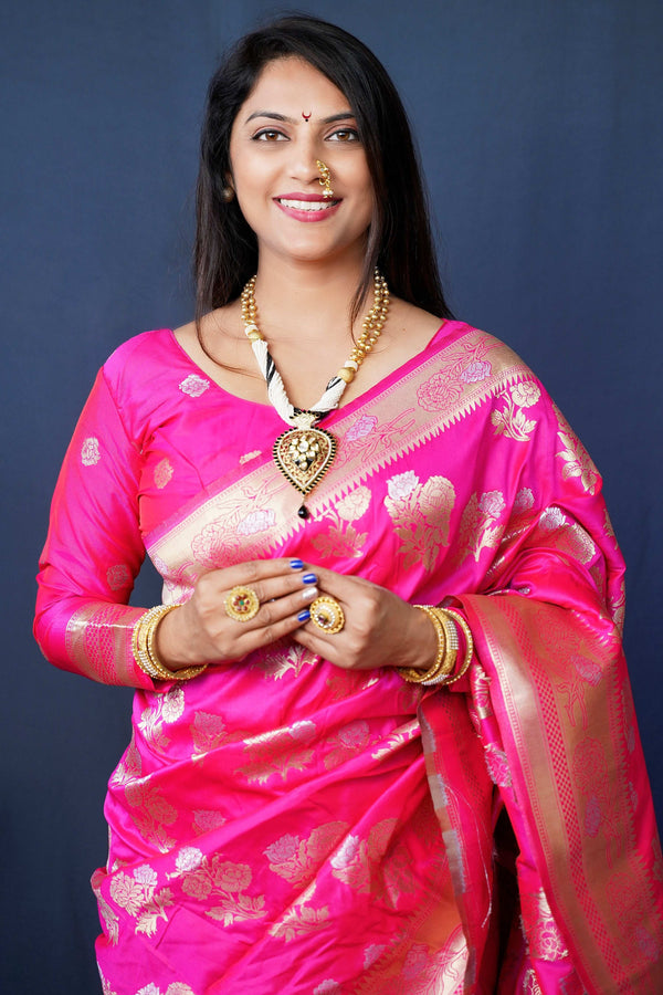 Jyoti Fashion Women's Pink Handloom Banarasi Silk Zari Woven Saree with Blouse - Distacart