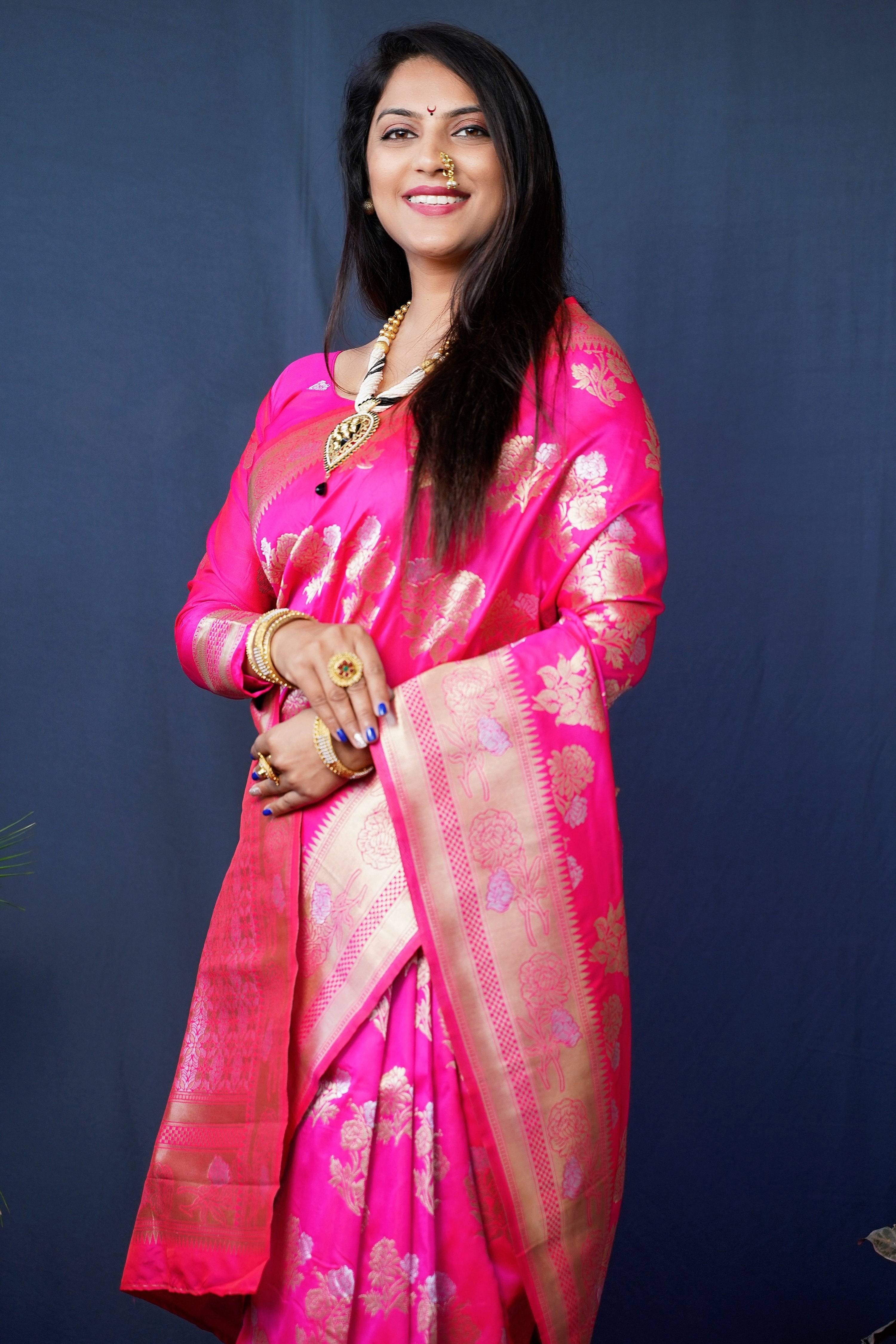 Jyoti Fashion Women's Pink Handloom Banarasi Silk Zari Woven Saree with Blouse - Distacart