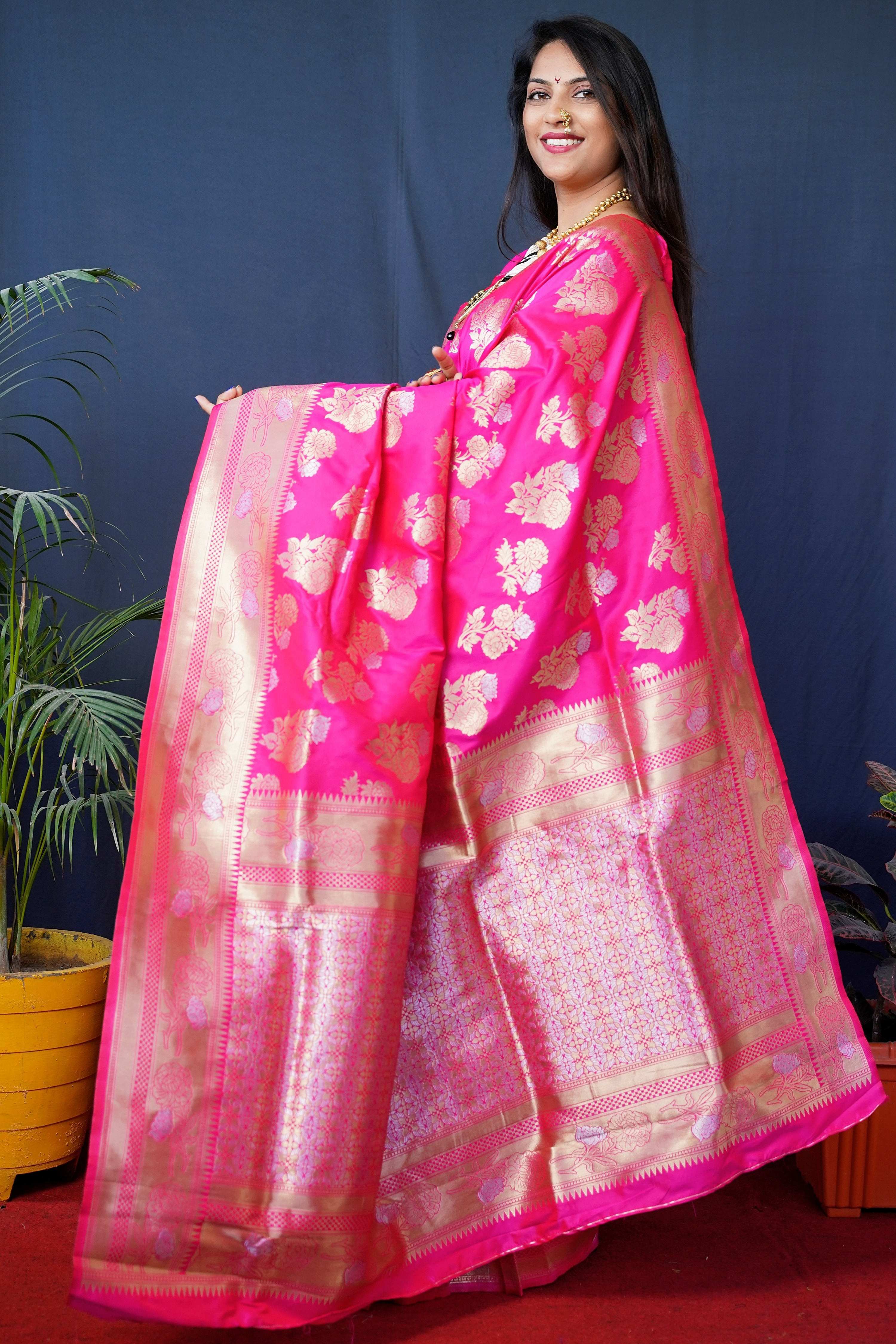 Jyoti Fashion Women's Pink Handloom Banarasi Silk Zari Woven Saree with Blouse - Distacart