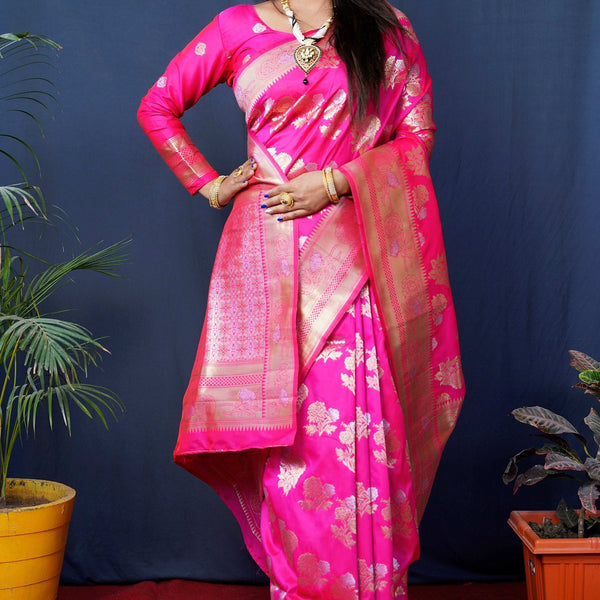 Jyoti Fashion Women's Pink Handloom Banarasi Silk Zari Woven Saree with Blouse - Distacart