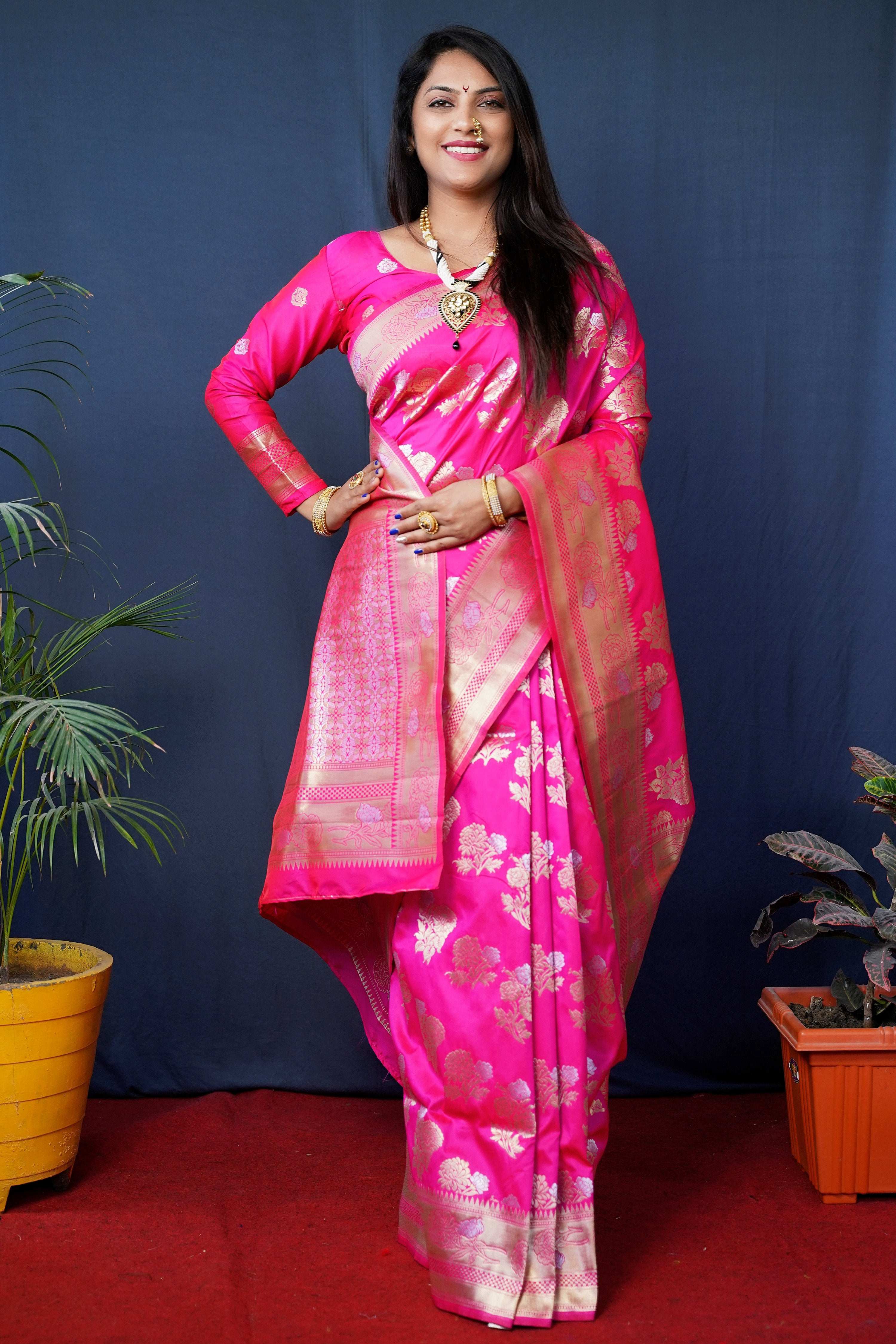 Jyoti Fashion Women's Pink Handloom Banarasi Silk Zari Woven Saree with Blouse - Distacart
