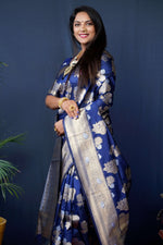 Thumbnail for Jyoti Fashion Women's Navy Blue Handloom Banarasi Silk Zari Woven Saree with Blouse - Distacart
