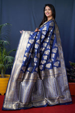 Thumbnail for Jyoti Fashion Women's Navy Blue Handloom Banarasi Silk Zari Woven Saree with Blouse - Distacart