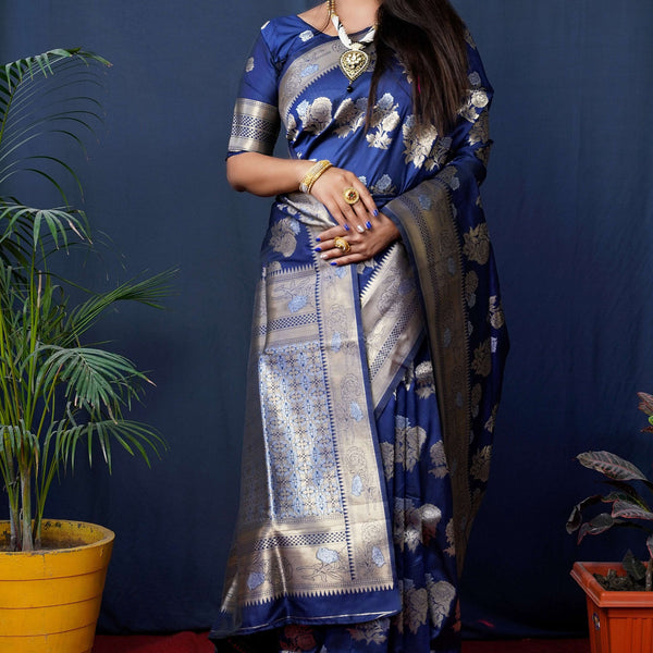 Jyoti Fashion Women's Navy Blue Handloom Banarasi Silk Zari Woven Saree with Blouse - Distacart