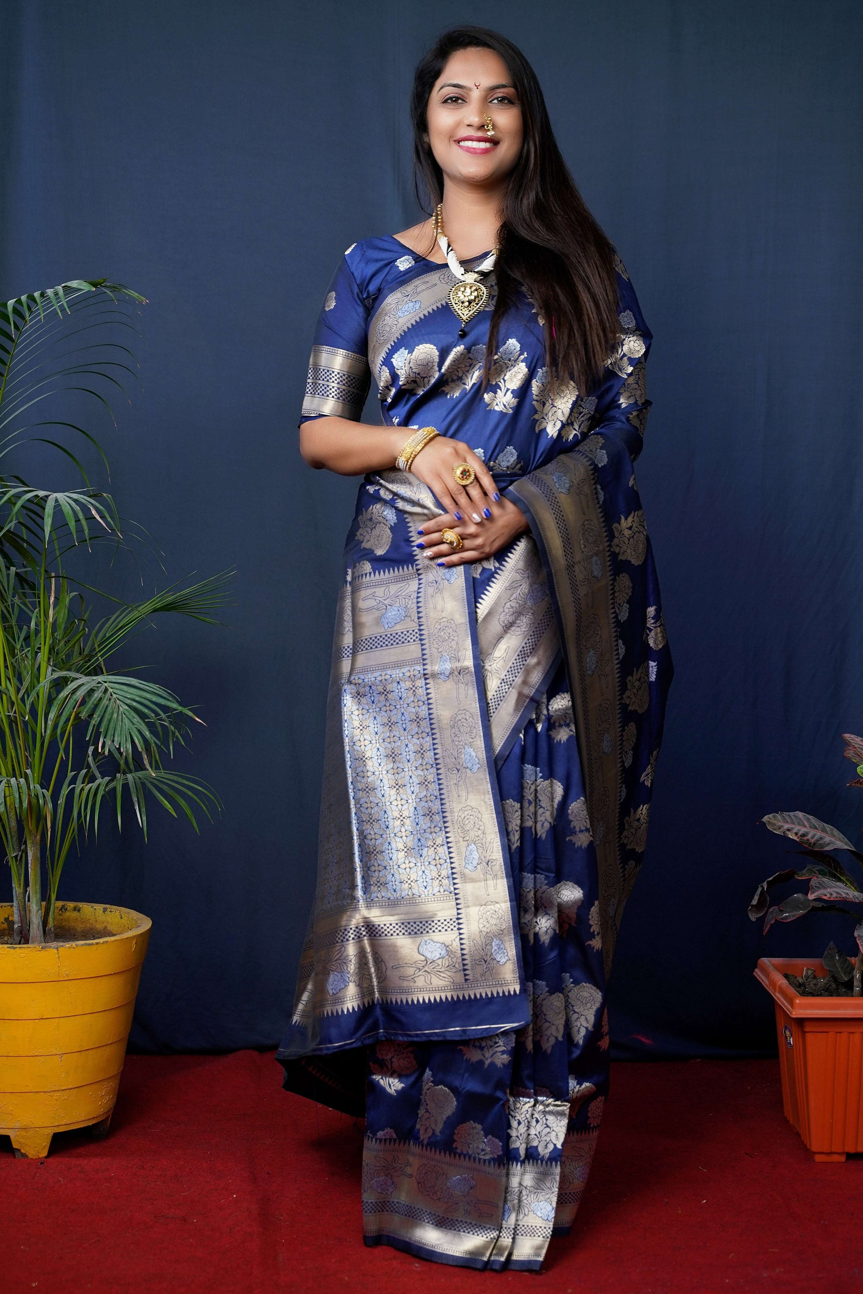 Jyoti Fashion Women's Navy Blue Handloom Banarasi Silk Zari Woven Saree with Blouse - Distacart