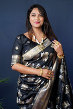 Thumbnail for Jyoti Fashion Women's Black Handloom Banarasi Silk Zari Woven Saree with Blouse - Distacart
