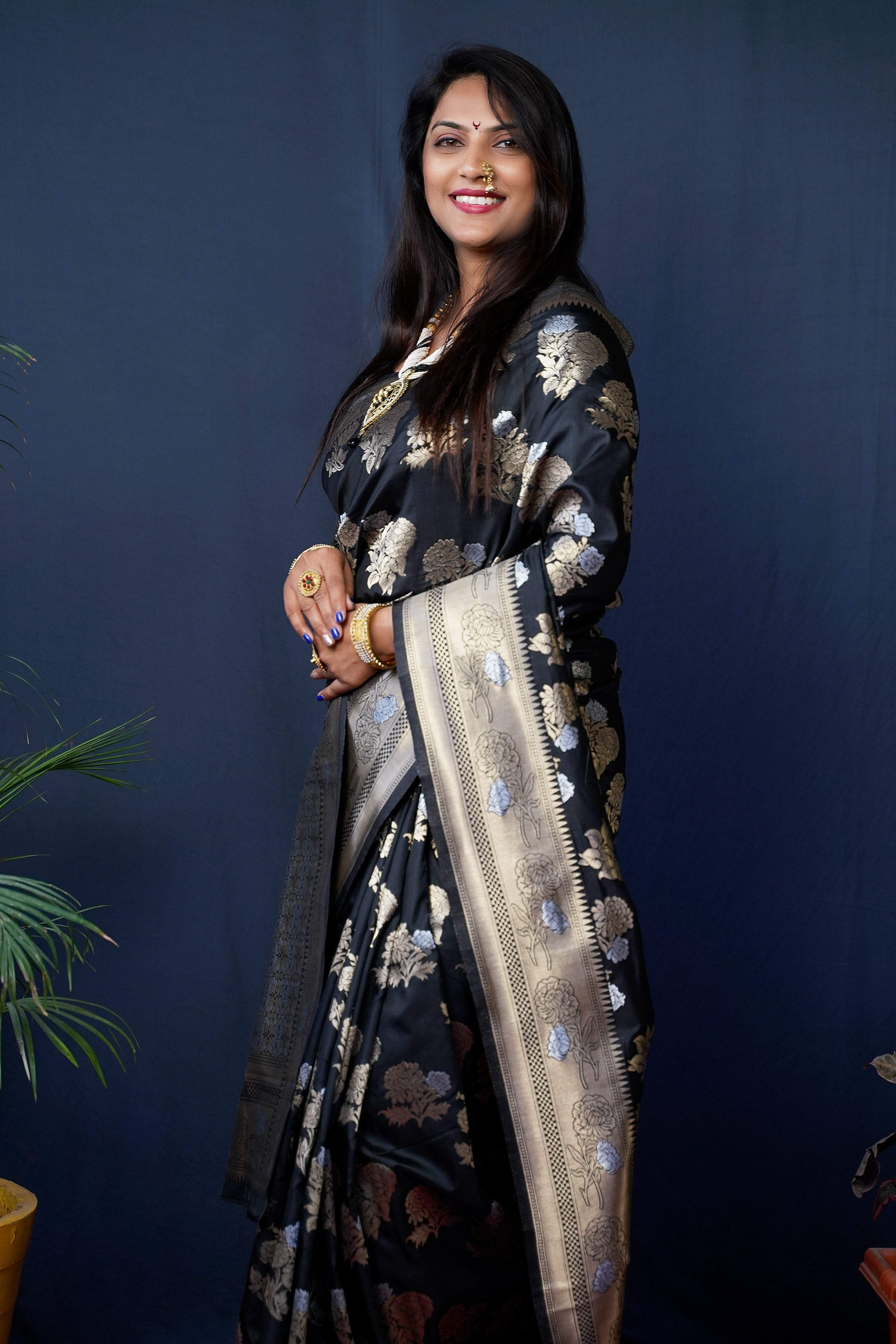 Jyoti Fashion Women's Black Handloom Banarasi Silk Zari Woven Saree with Blouse - Distacart