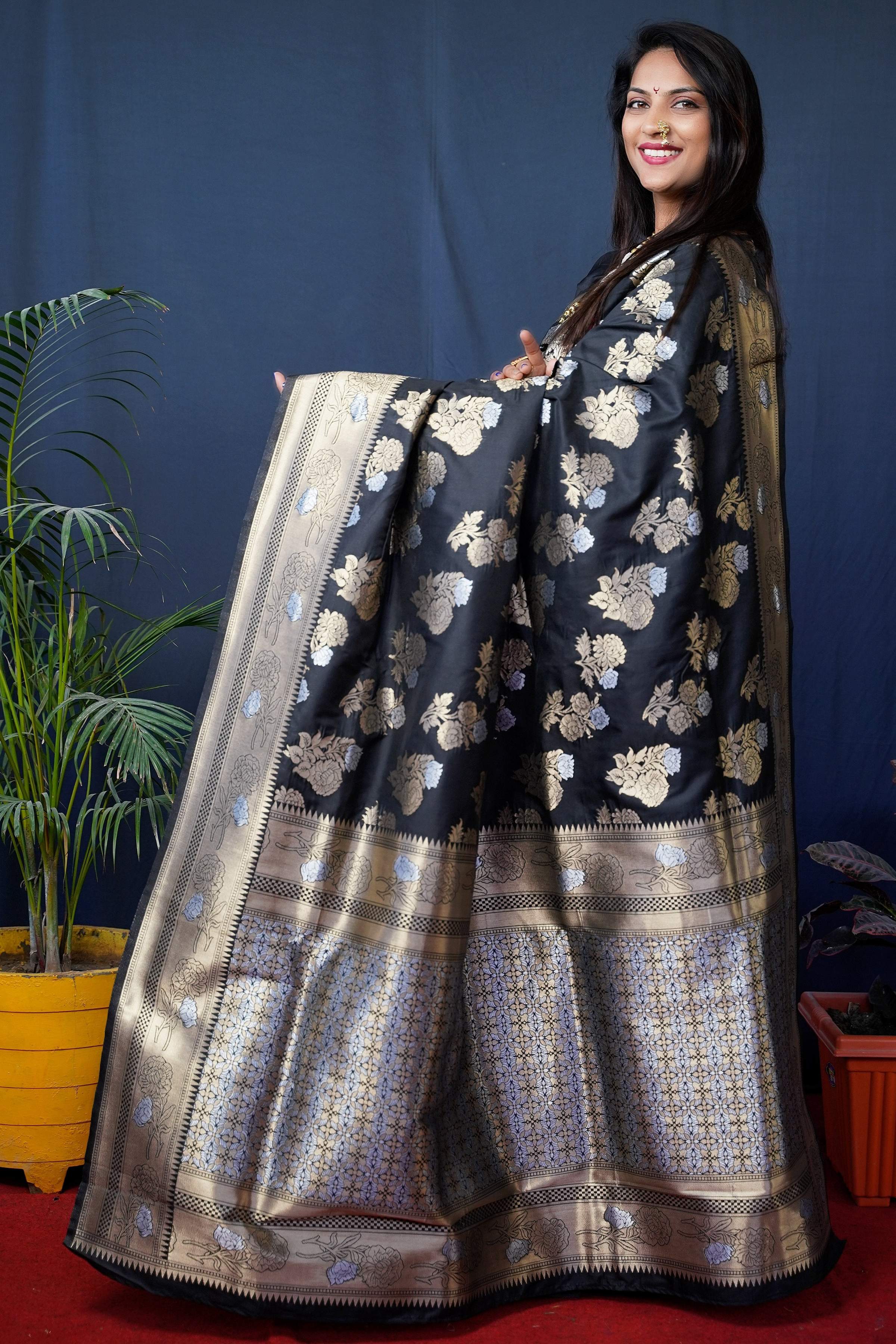Jyoti Fashion Women's Black Handloom Banarasi Silk Zari Woven Saree with Blouse - Distacart