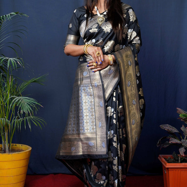 Jyoti Fashion Women's Black Handloom Banarasi Silk Zari Woven Saree with Blouse - Distacart