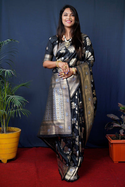 Jyoti Fashion Women's Black Handloom Banarasi Silk Zari Woven Saree with Blouse - Distacart