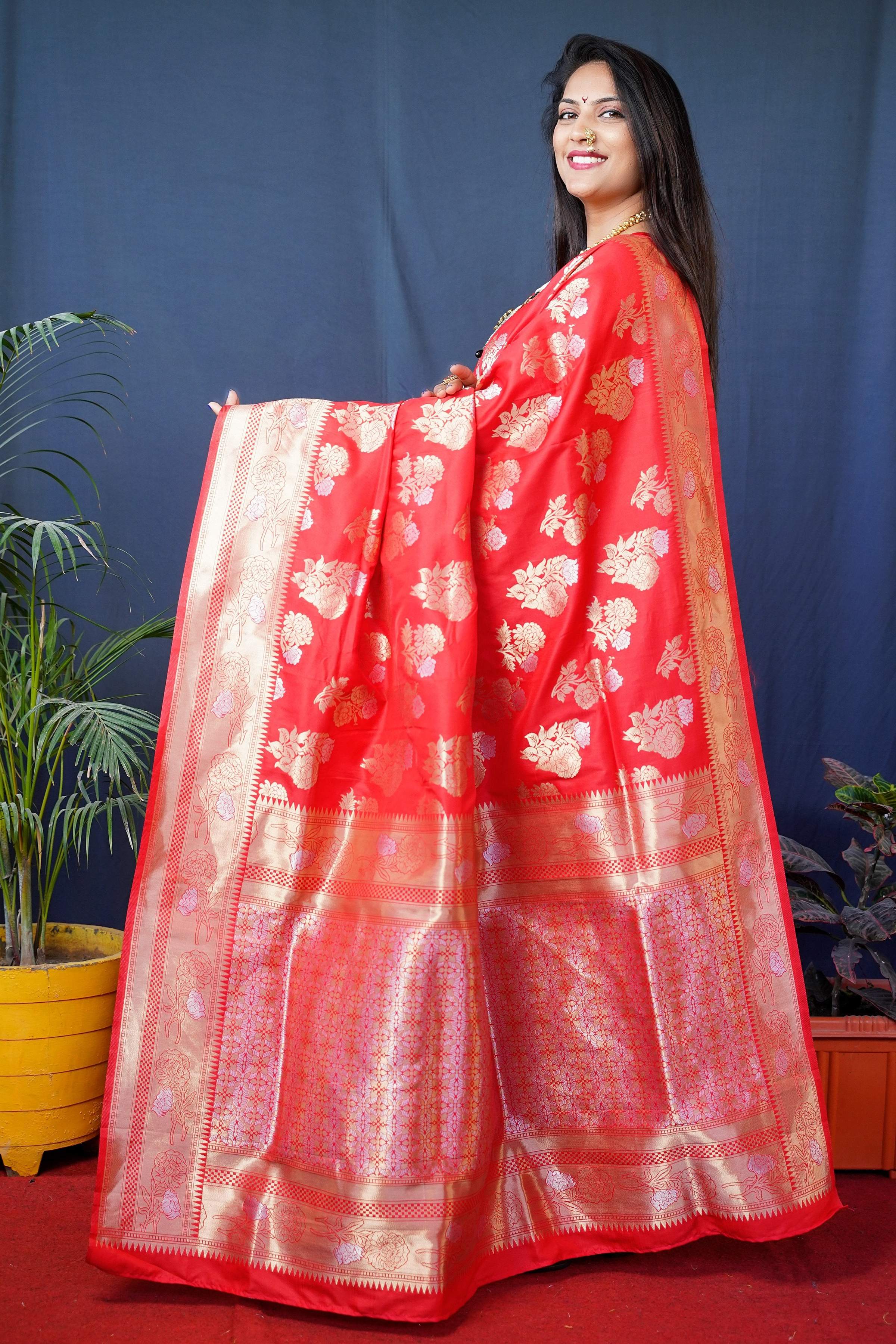 Jyoti Fashion Women's Red Handloom Banarasi Silk Zari Woven Saree with Blouse - Distacart