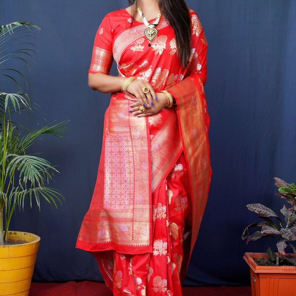 Jyoti Fashion Women's Red Handloom Banarasi Silk Zari Woven Saree with Blouse - Distacart
