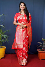 Thumbnail for Jyoti Fashion Women's Red Handloom Banarasi Silk Zari Woven Saree with Blouse - Distacart