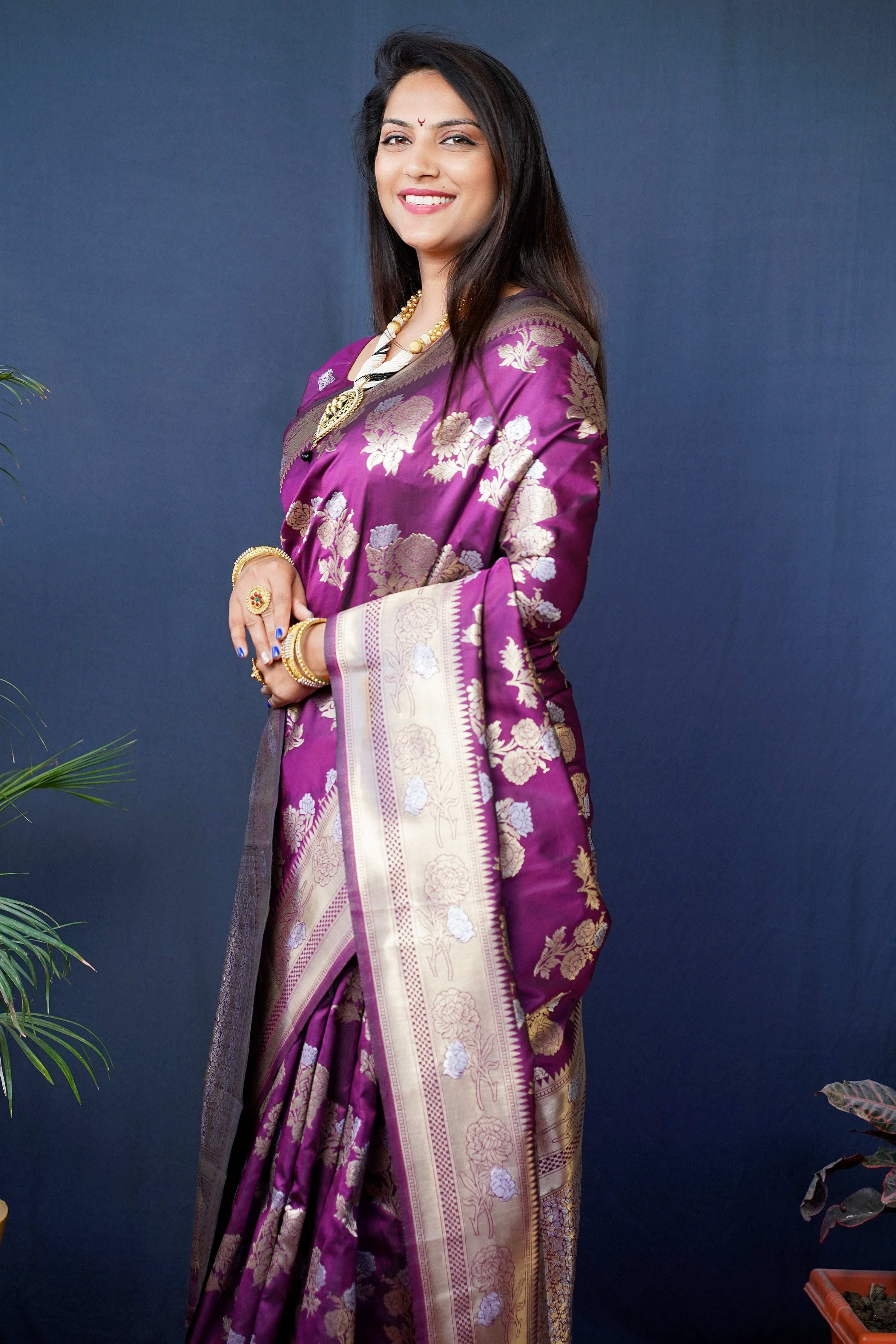 Jyoti Fashion Women's Wine Handloom Banarasi Silk Zari Woven Saree with Blouse - Distacart