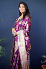 Thumbnail for Jyoti Fashion Women's Wine Handloom Banarasi Silk Zari Woven Saree with Blouse - Distacart