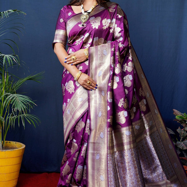 Jyoti Fashion Women's Wine Handloom Banarasi Silk Zari Woven Saree with Blouse - Distacart