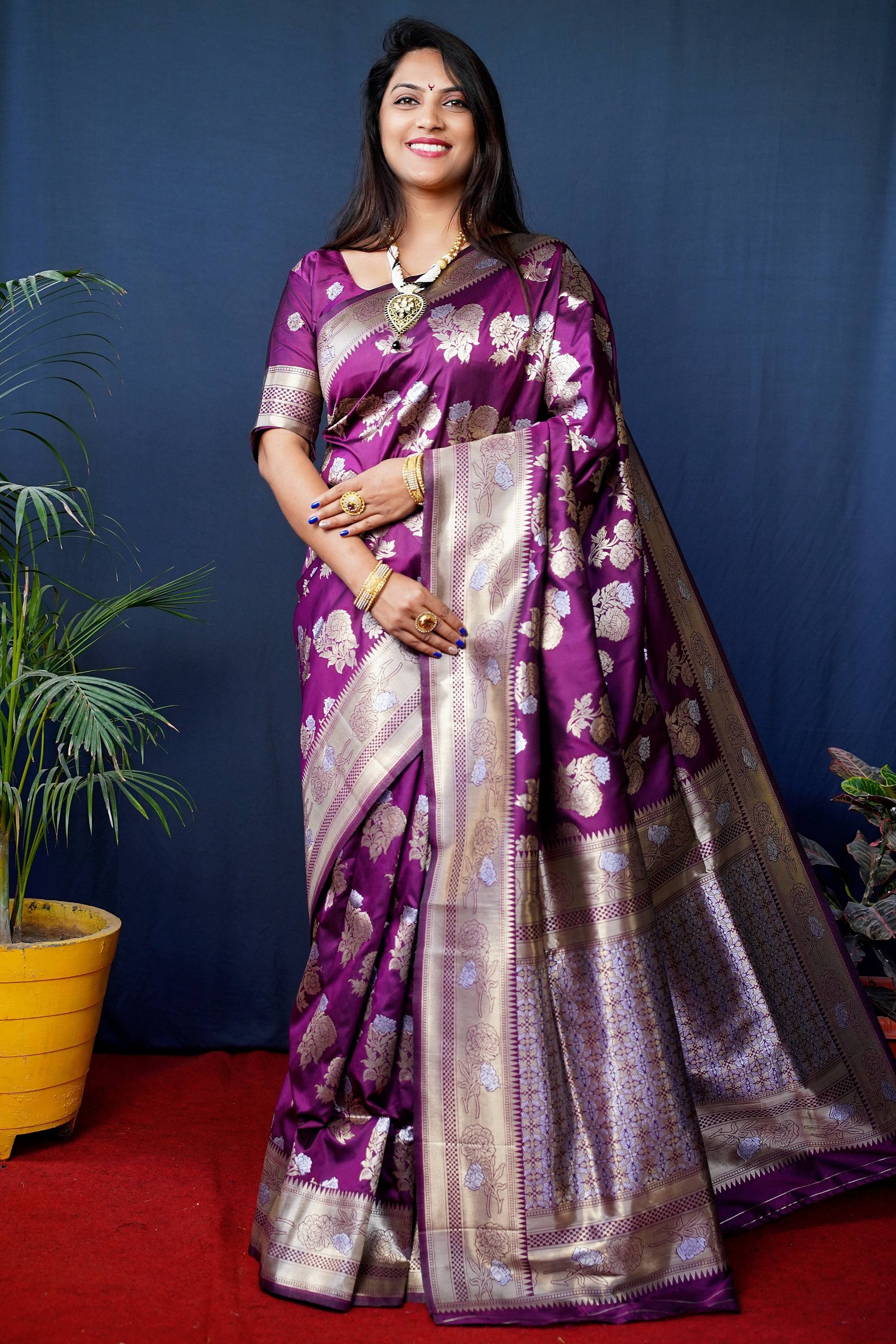 Jyoti Fashion Women's Wine Handloom Banarasi Silk Zari Woven Saree with Blouse - Distacart