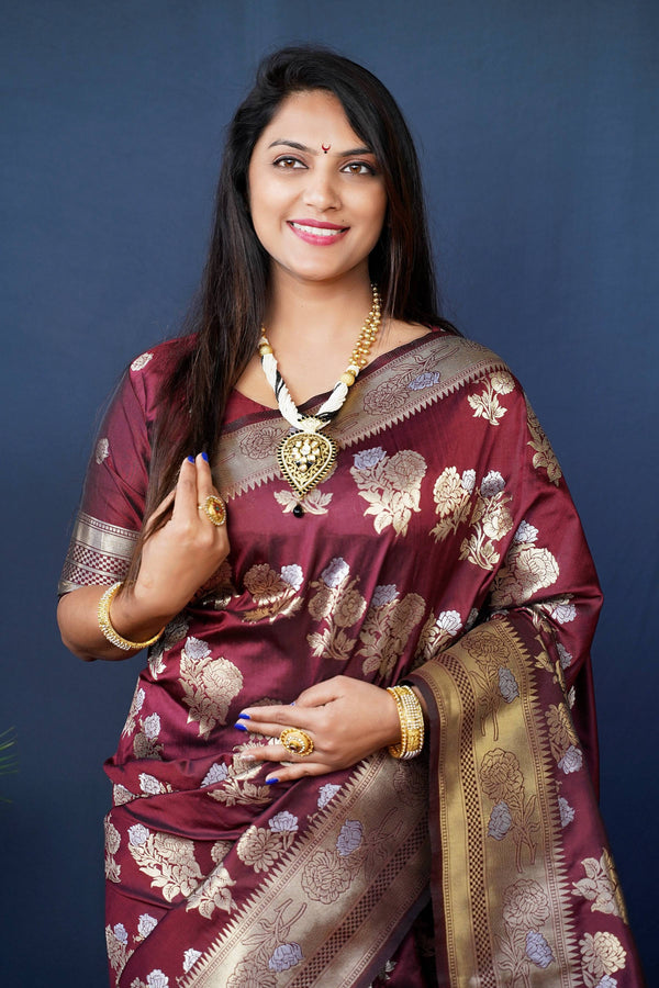 Jyoti Fashion Women's Maroon Handloom Banarasi Silk Zari Woven Saree with Blouse - Distacart